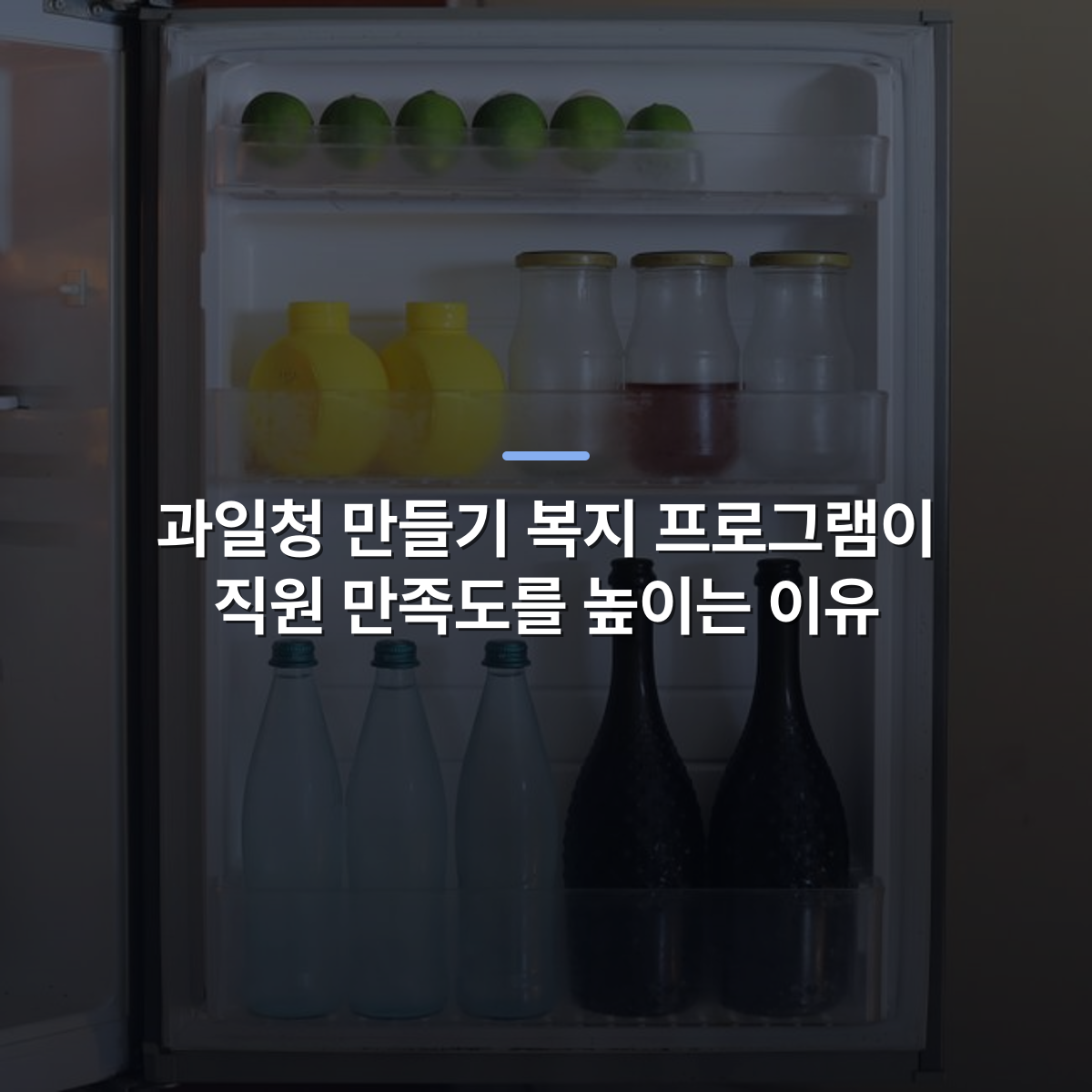 과일청 만들기 복지 프로그램이 직원 만족도를 높이는 이유 · 사진: An open fridge displaying bottles, limes, and lemon-shaped containers.